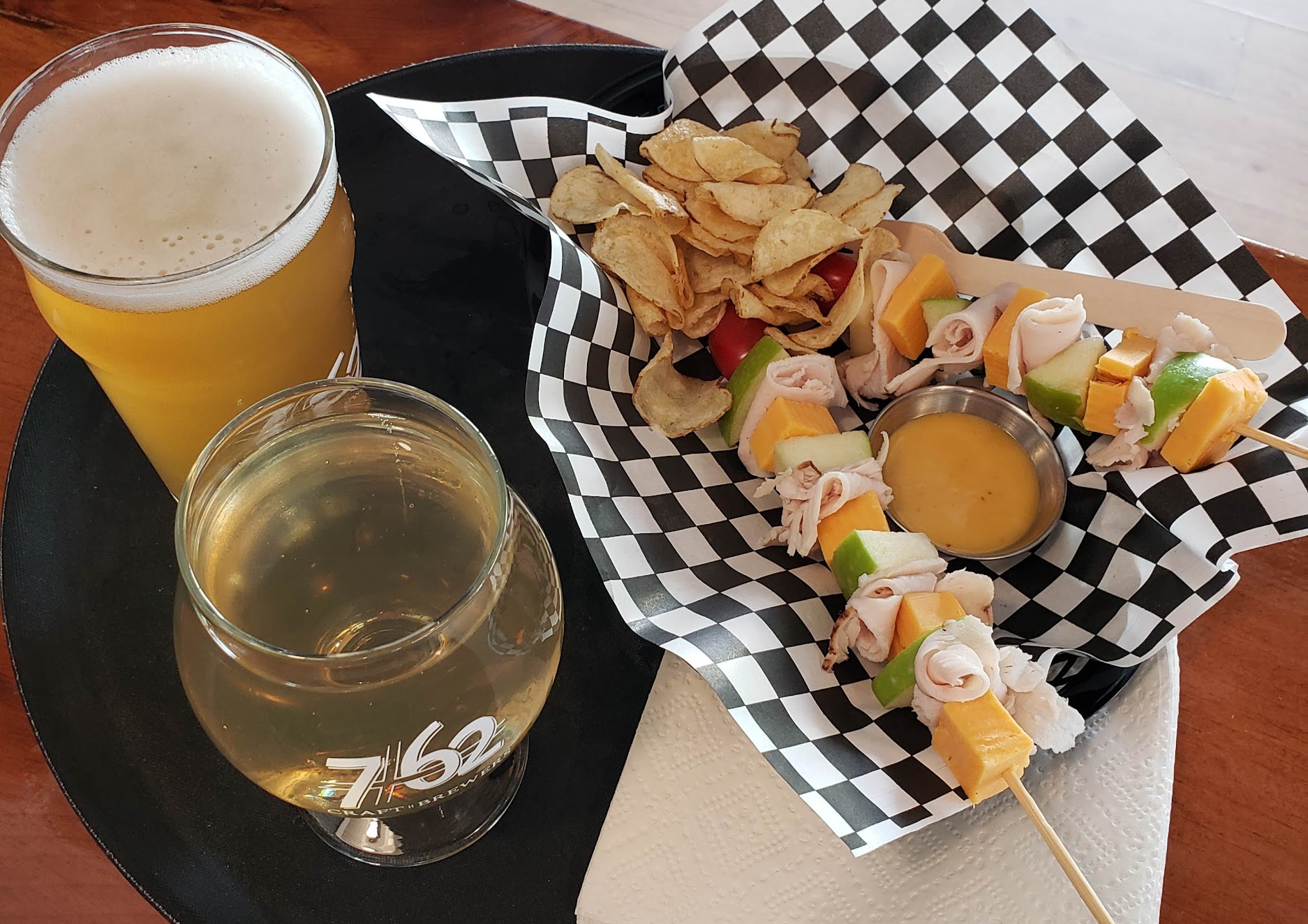 Food and beer on display on a table