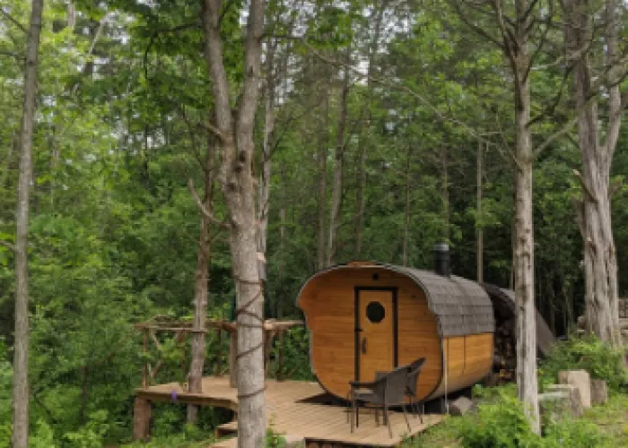 Wood burning sauna on the riverbanks of Salmon River at Salmon River Motel in Hastings County, Ontario