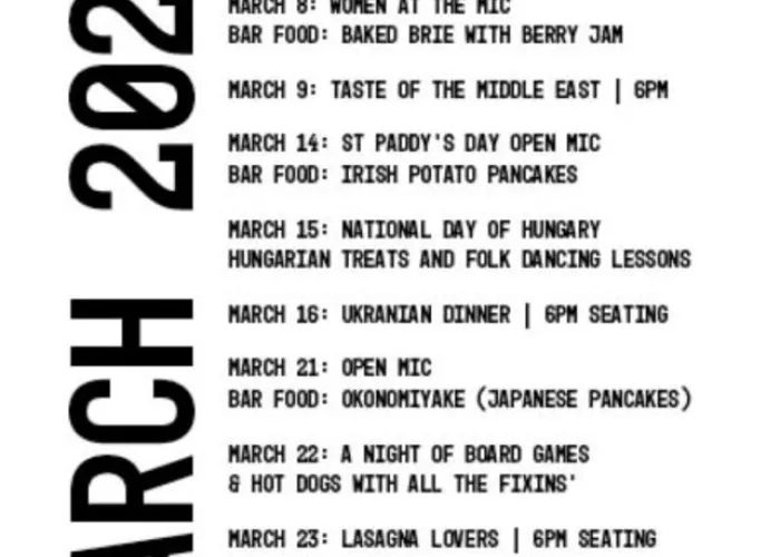 Cube Coffee Bar March calendar of events